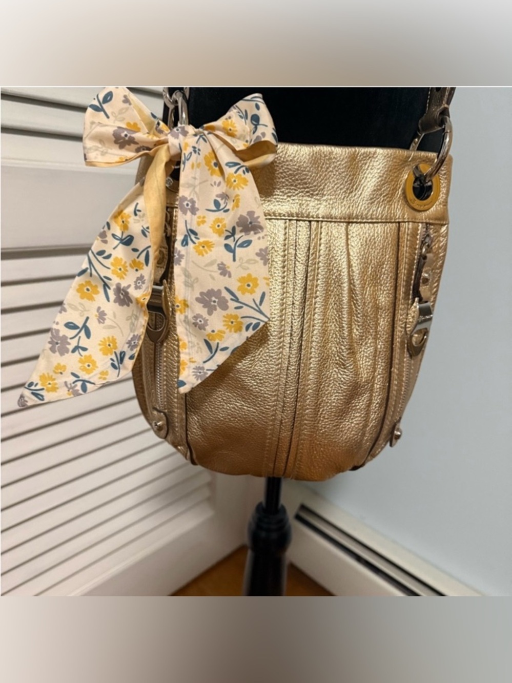 b. makowsky Gold Leather Shoulder Bag with Floral Scarf